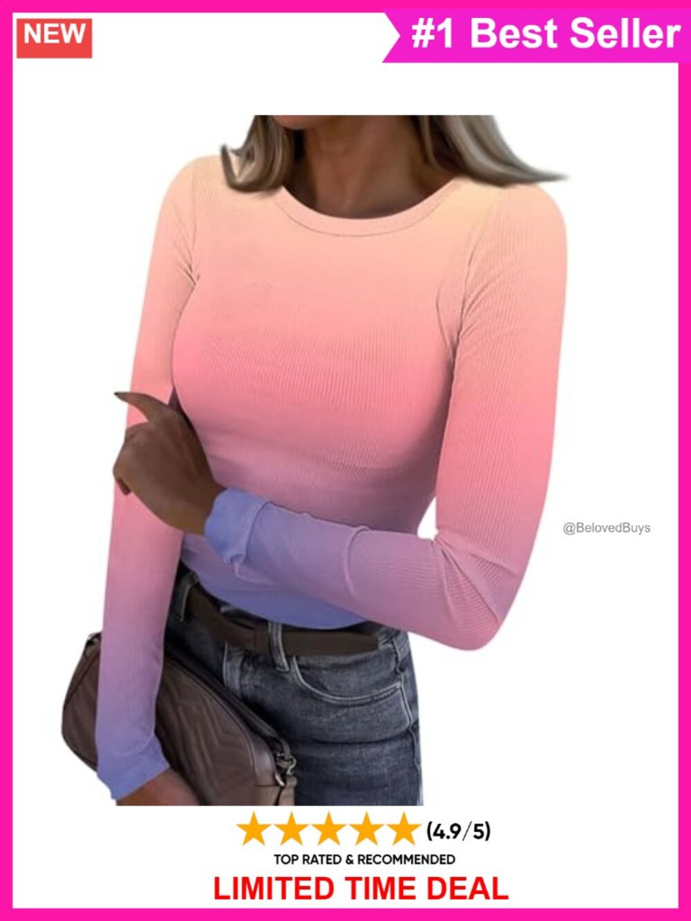 Knit Ribbed Long Sleeve Tunic Top Crew Neck Pullover Fitted Fall Casual
